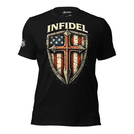 Black t-shirt with 'Infidel' graphic design on a textured American flag background