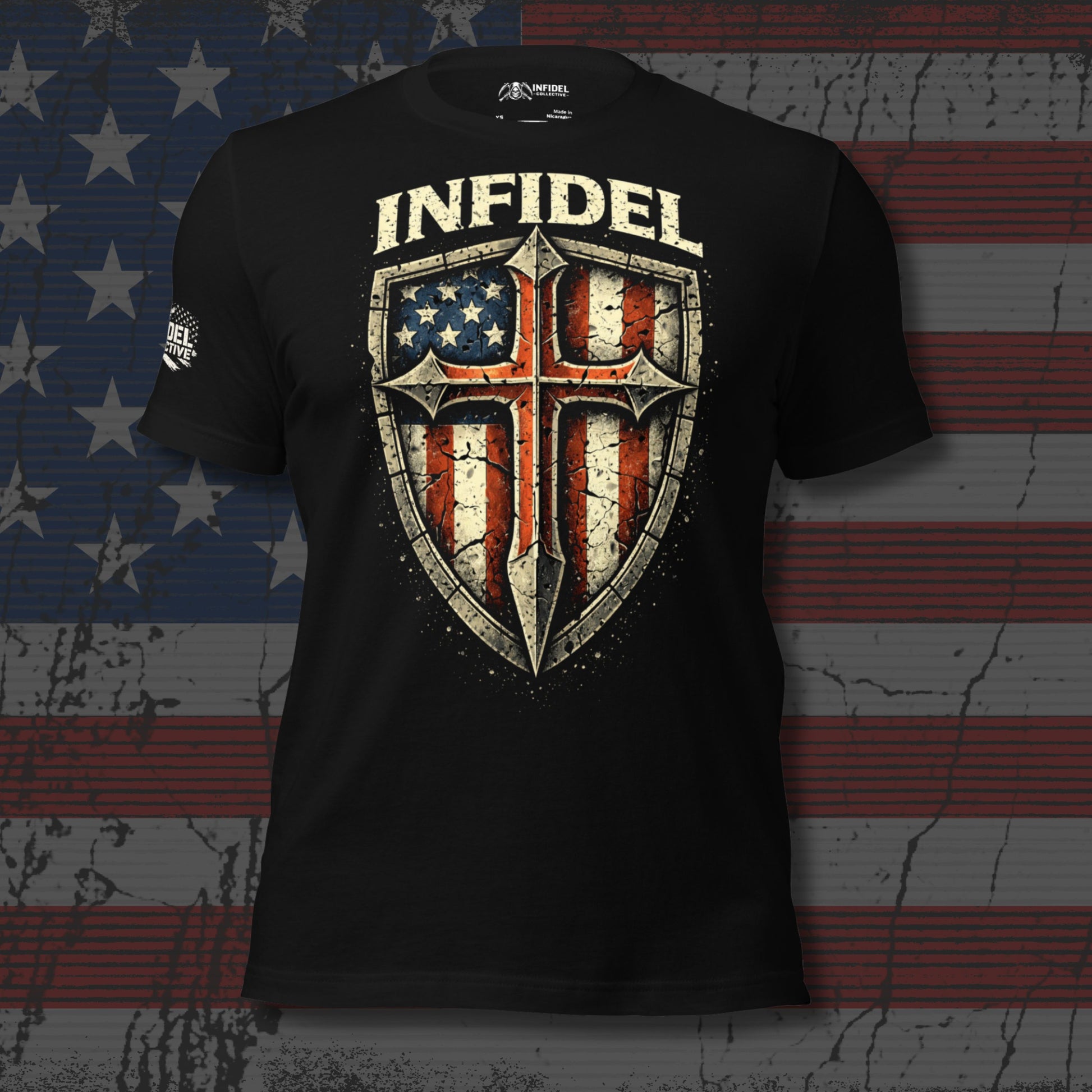 Black t-shirt with 'Infidel' graphic design on a textured American flag background