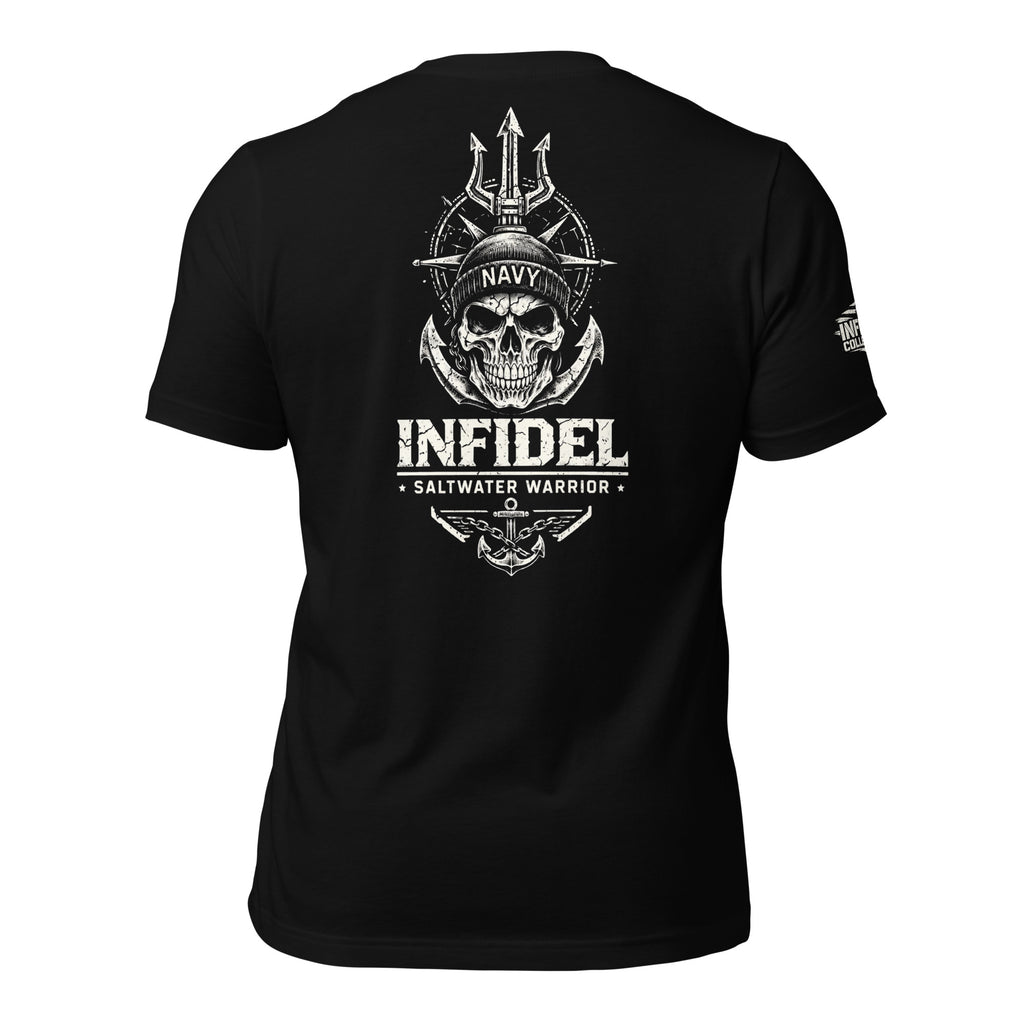 Black Navy Saltwater Warrior Infidel tee with large back print featuring skull in Navy cap, anchors, trident, and maritime graphics