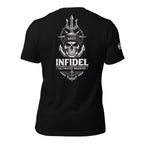 Black Navy Saltwater Warrior Infidel tee with large back print featuring skull in Navy cap, anchors, trident, and maritime graphics