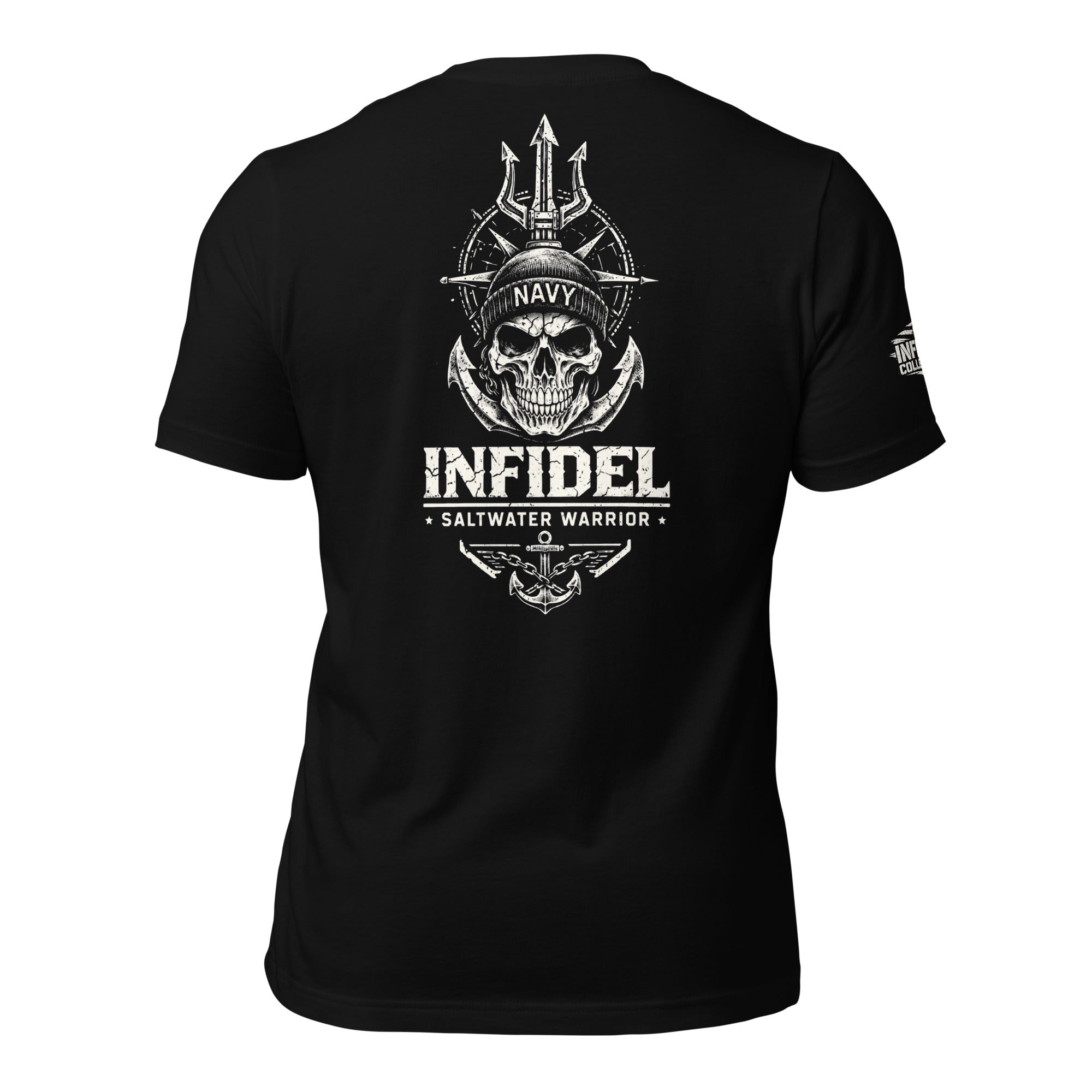 Black Navy Saltwater Warrior Infidel tee with large back print featuring skull in Navy cap, anchors, trident, and maritime graphics