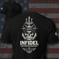 Navy Saltwater Warrior Infidel skull anchor and trident back print black tee from Infidel Collective