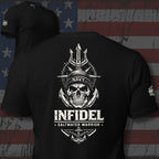 Black Navy Saltwater Warrior Infidel tee with large back print featuring skull in Navy cap, anchors, trident, and maritime graphics