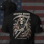 Black t-shirt with a graphic design of a skeleton holding a scythe and 'Never Bend' text, against an American flag background.