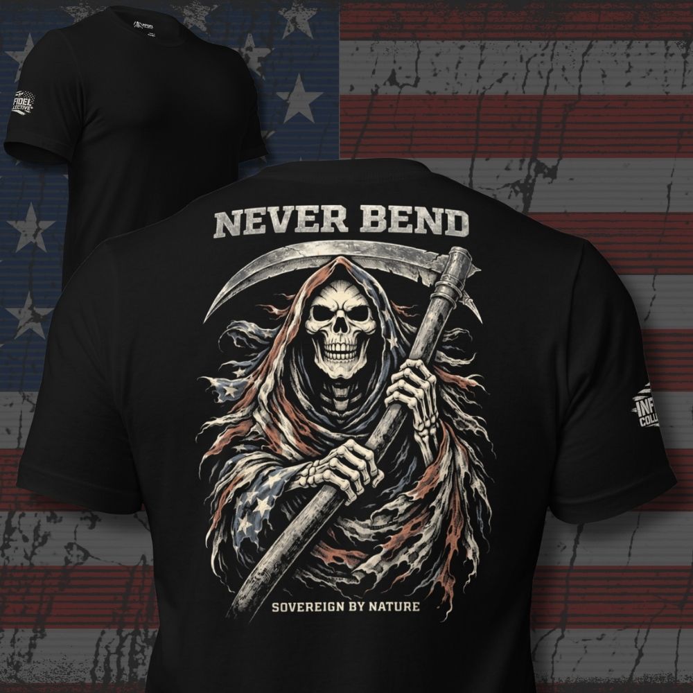 Black t-shirt with a graphic design of a skeleton holding a scythe and 'Never Bend' text, against an American flag background.