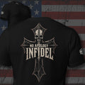 No Apology Infidel skull and gothic cross back print black tee from Infidel Collective