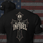 No Apology Infidel iron cross back print black tee from Infidel Collective