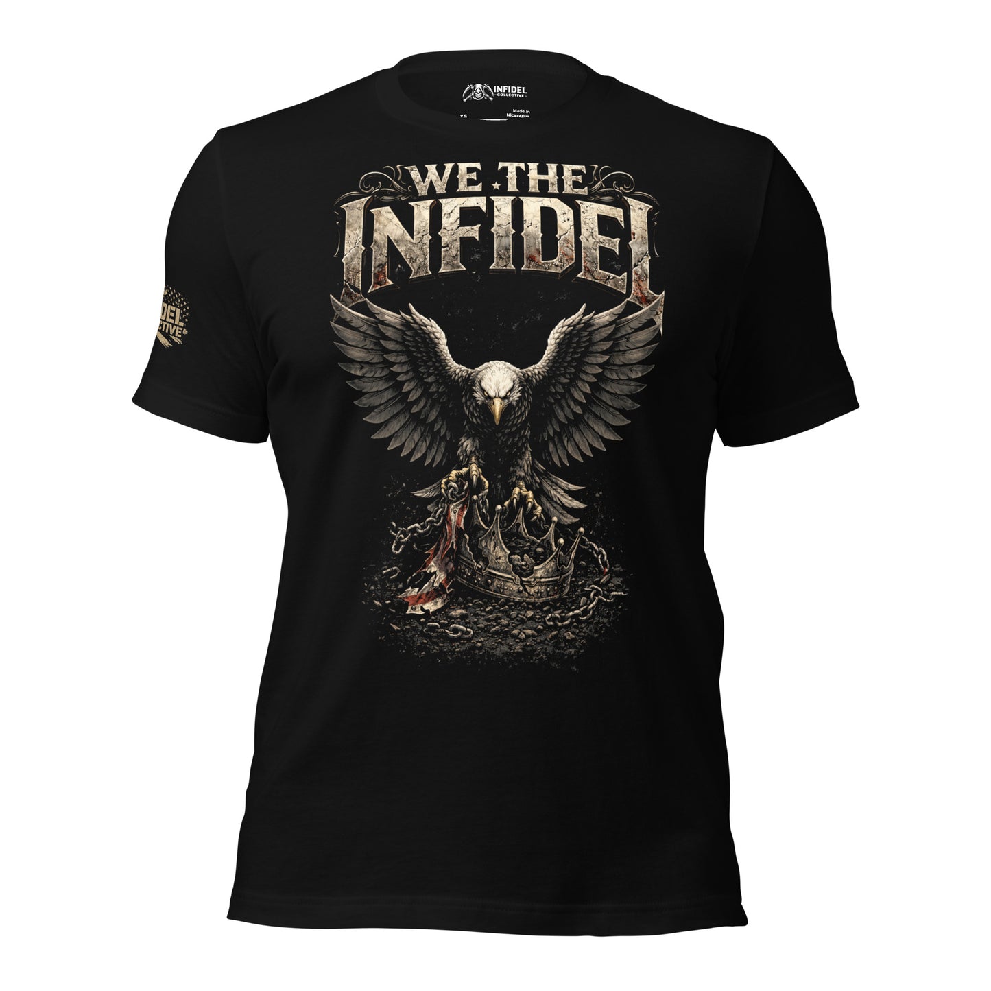 Black t-shirt with an eagle graphic and 'We The Infidel' text on a white background