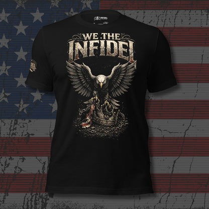 Black t-shirt with eagle design and 'We The Infidel' text on an American flag background