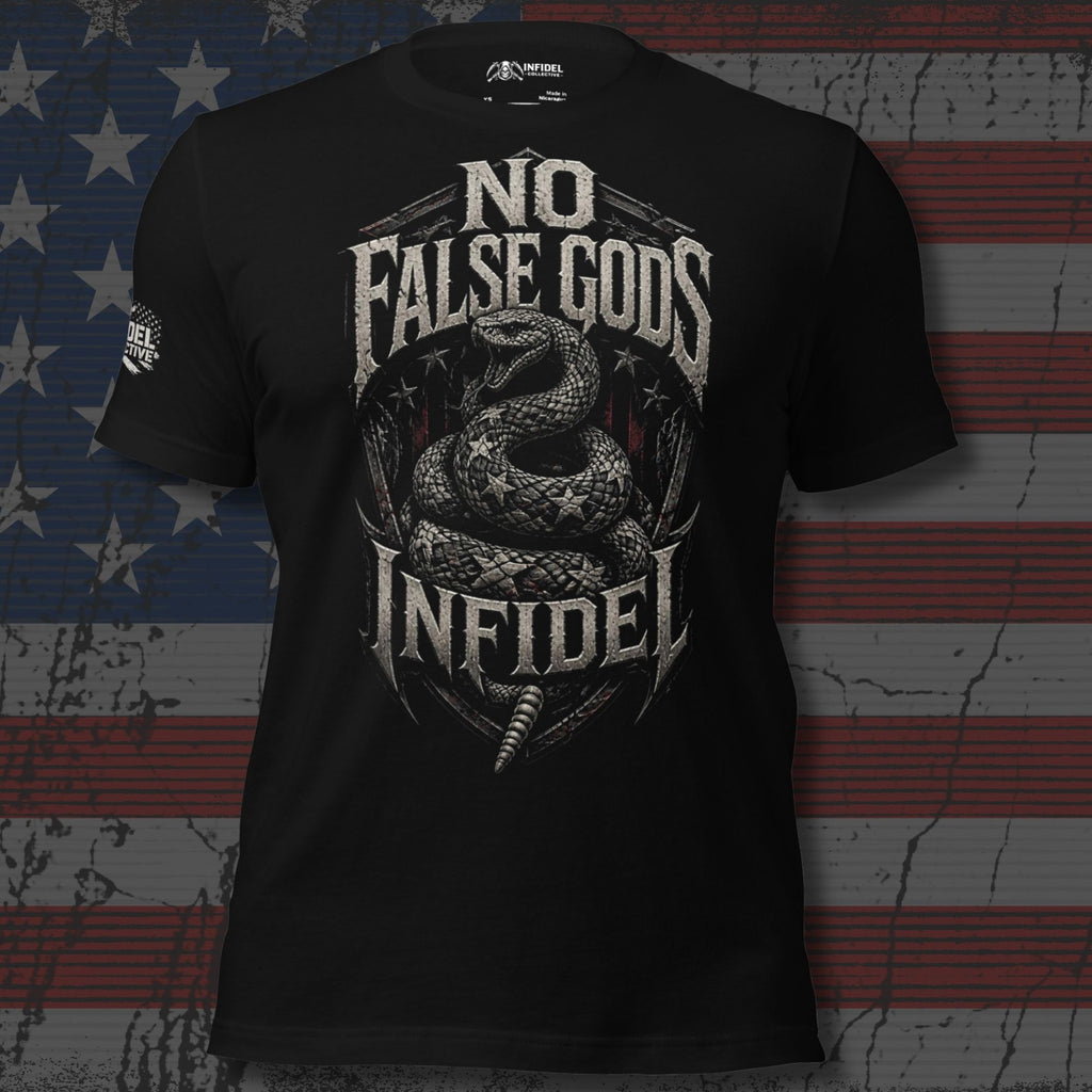 No False Gods Infidel rattlesnake graphic black tee from Infidel Collective