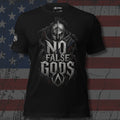 No False Gods Infidel Spartan helmet front print black tee from Infidel Collective
