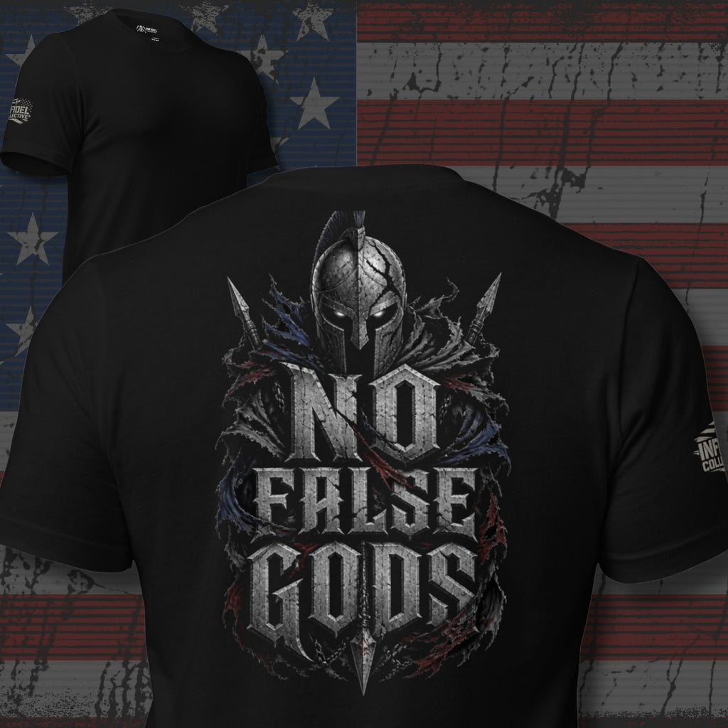 No False Gods Spartan back print black tee from Infidel Collective
