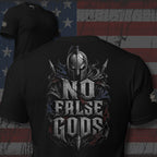 No False Gods Spartan back print black tee from Infidel Collective