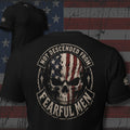 American flag skull with Not Descended from Fearful Men text back print black tee from Infidel Collective