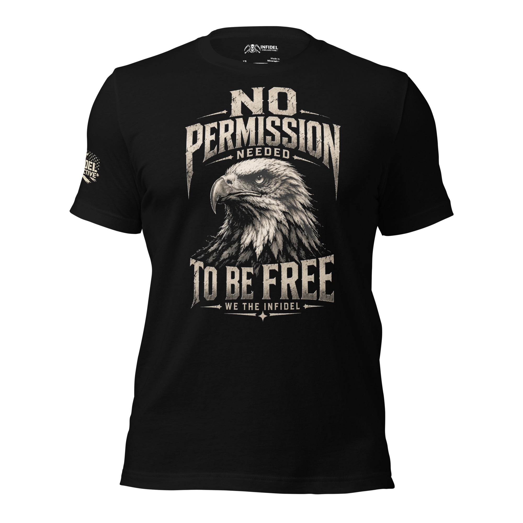 Black t-shirt with an eagle graphic and text on a white background