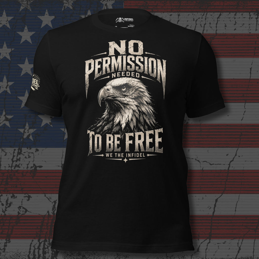 Black t-shirt with an eagle graphic and text on a distressed American flag background