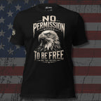 Black t-shirt with an eagle graphic and text on a distressed American flag background