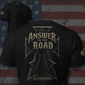 Answer to the Road iron cross No Witness Needed back print black tee from Infidel Collective