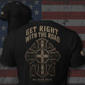 ornate iron cross with Get Right With the Road No Road Back text back print black tee from Infidel Collective