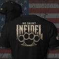No Saint Infidel brass knuckles back print black tee from Infidel Collective
