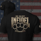 No Saint Infidel brass knuckle graphic black tee from Infidel Collective