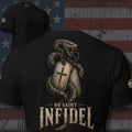 No Saint Infidel serpent and cross dog tag back print black tee from Infidel Collective