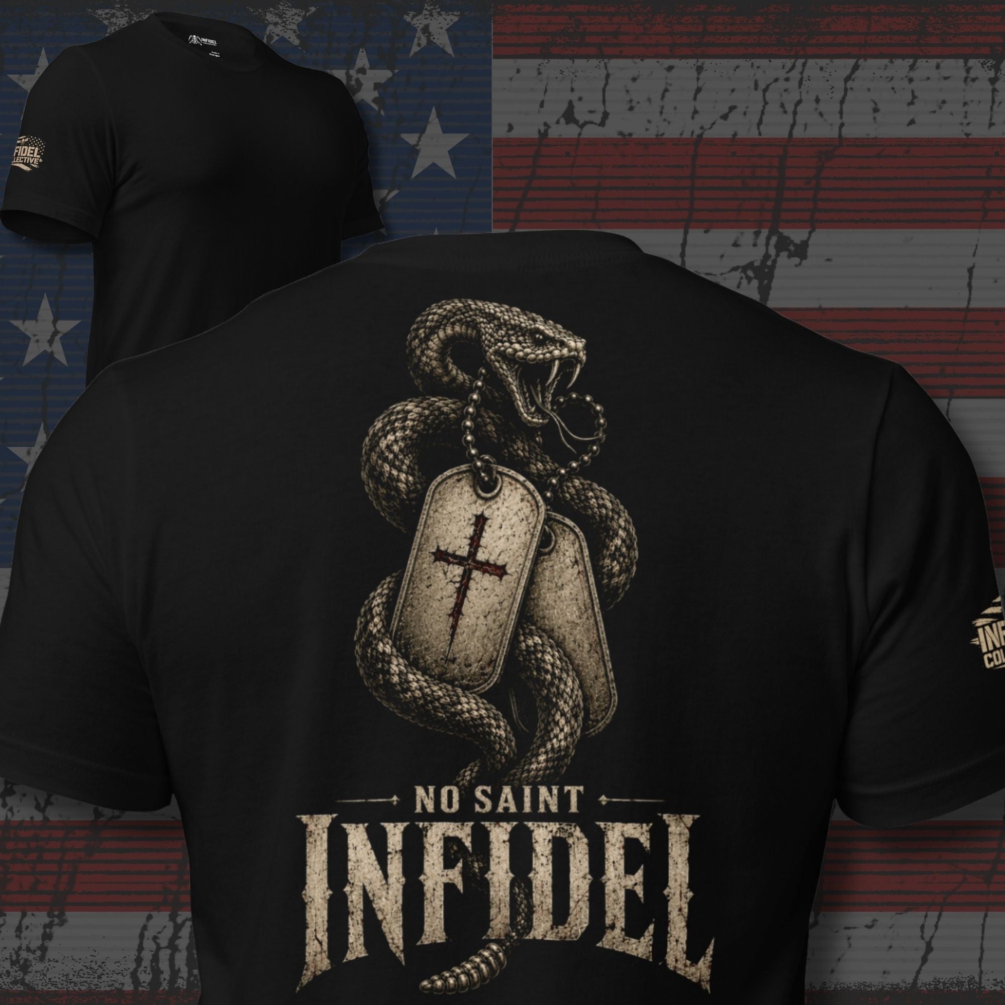No Saint Infidel serpent dog tag back print black tee from Infidel Collective