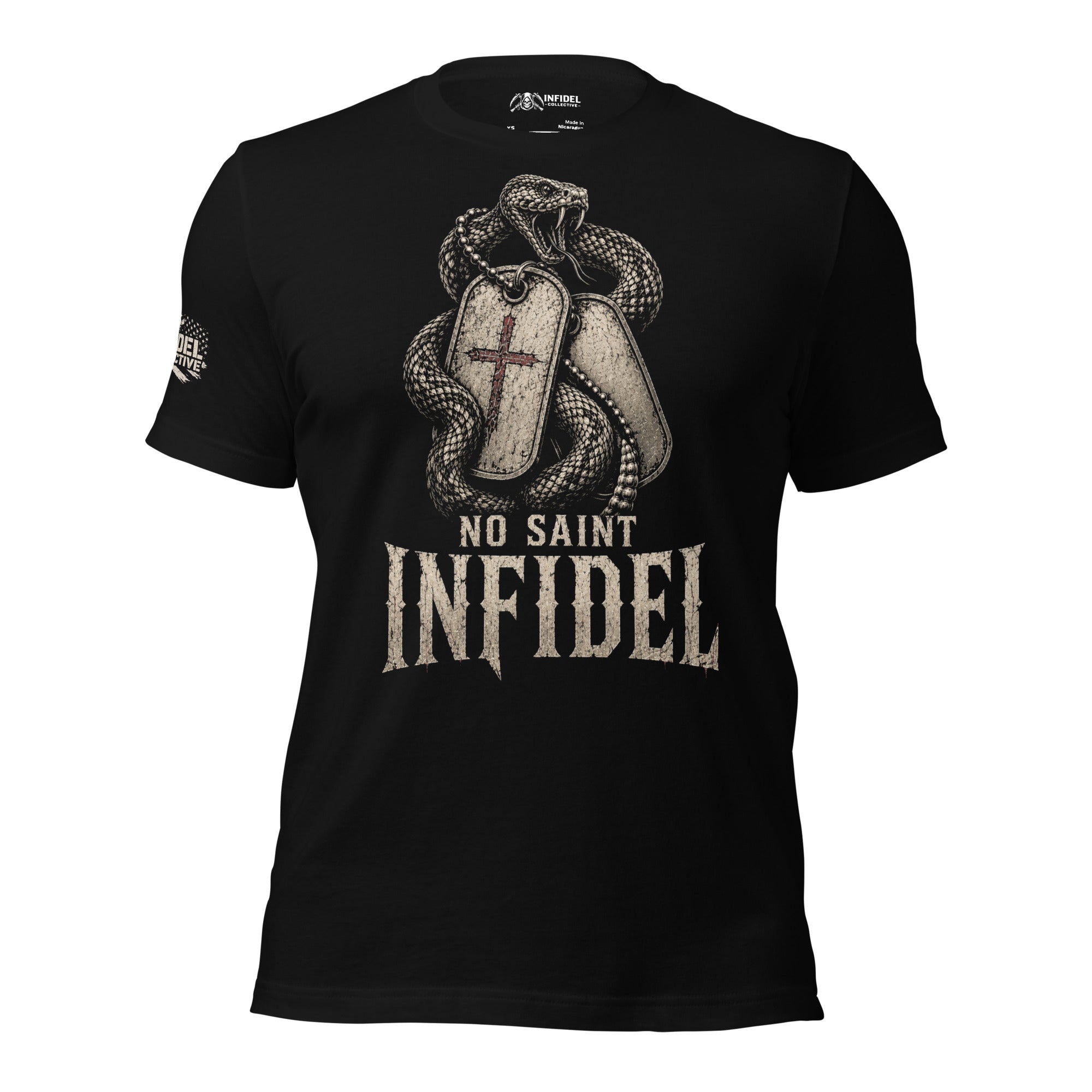 No Saint Infidel serpent dog tag front print black tee from Infidel Collective