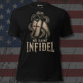 No Saint Infidel serpent and cross dog tag front print black tee from Infidel Collective