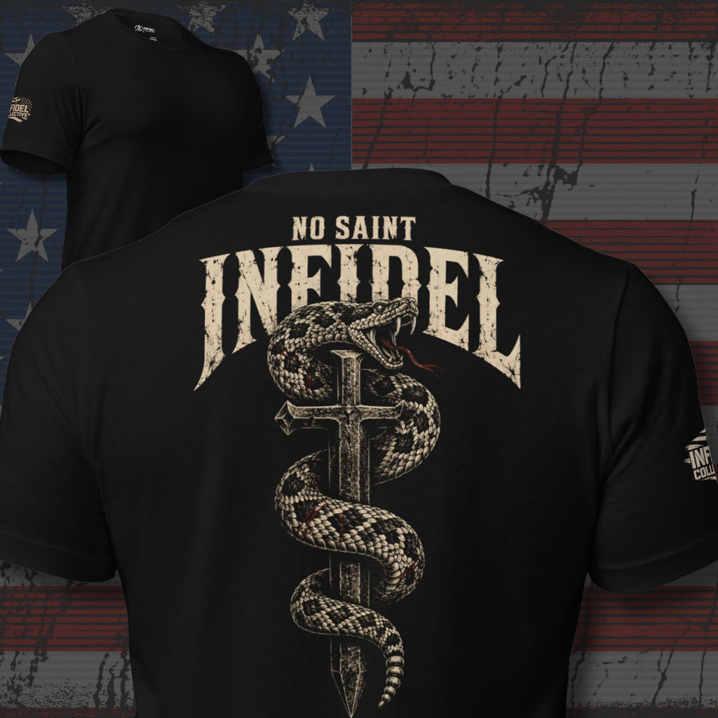 No Saint Infidel serpent cross back print black tee from Infidel Collective