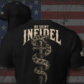 No Saint Infidel serpent wrapped dagger back print black tee from Infidel Collective