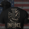 No Saint Infidel serpent and iron cross back print black tee from Infidel Collective