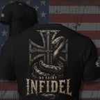 No Saint Infidel serpent iron cross back print black tee from Infidel Collective