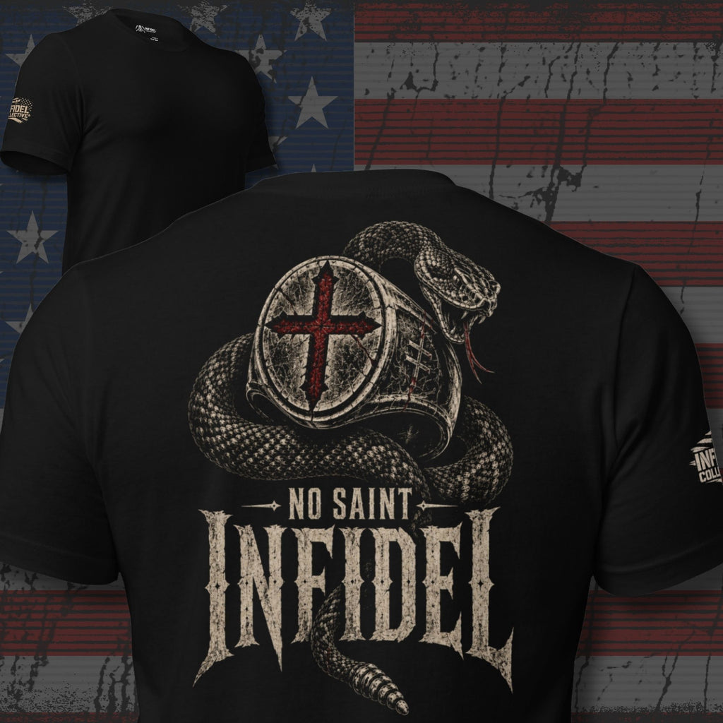 No Saint Infidel serpent ring graphic black tee from Infidel Collective