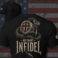 No Saint Infidel serpent and red cross ring back print black tee from Infidel Collective