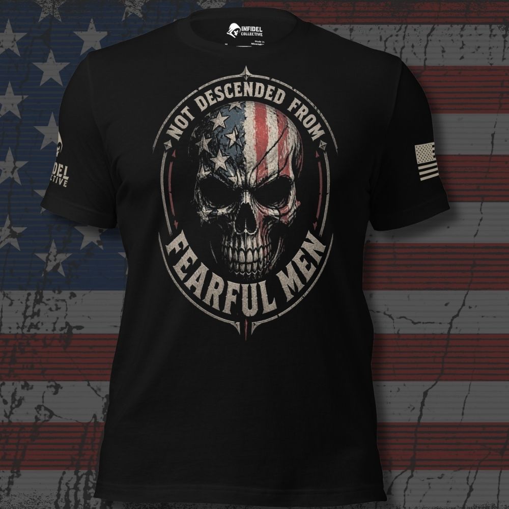 Not Descended from Fearful Men Skull Tee, black tee, front view
