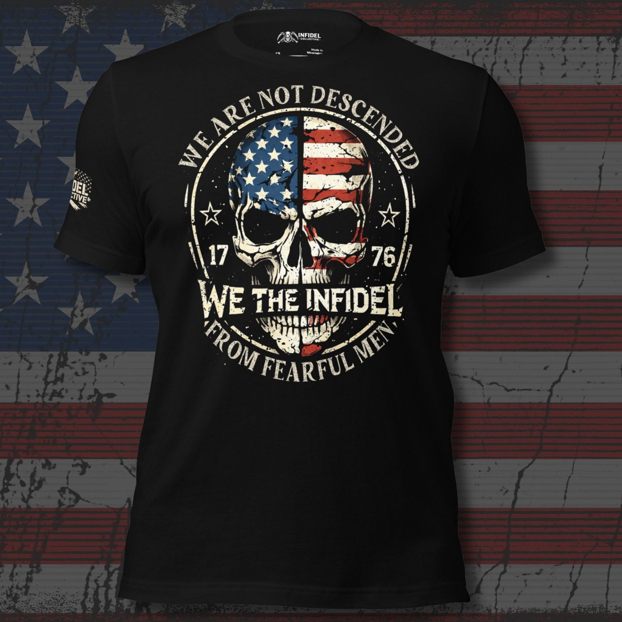 Black t-shirt with skull and American flag design on a distressed American flag background