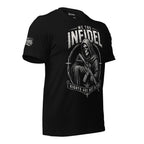 Black t-shirt with graphic design and 'WE THE INFIDEL' text on a white background