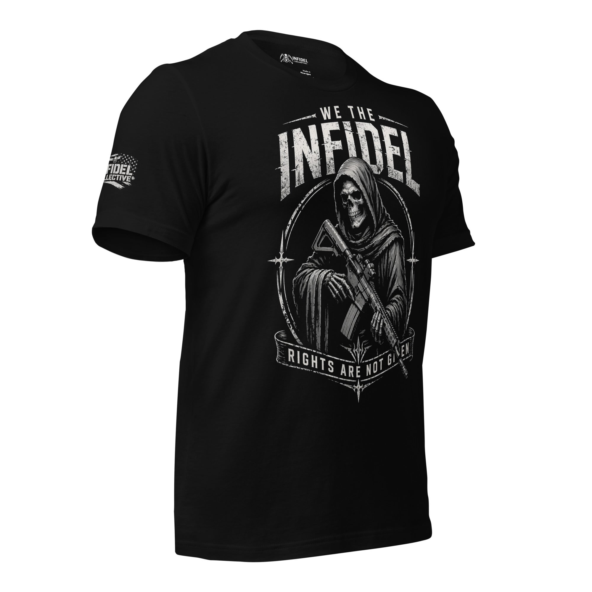 Black t-shirt with graphic design and 'WE THE INFIDEL' text on a white background