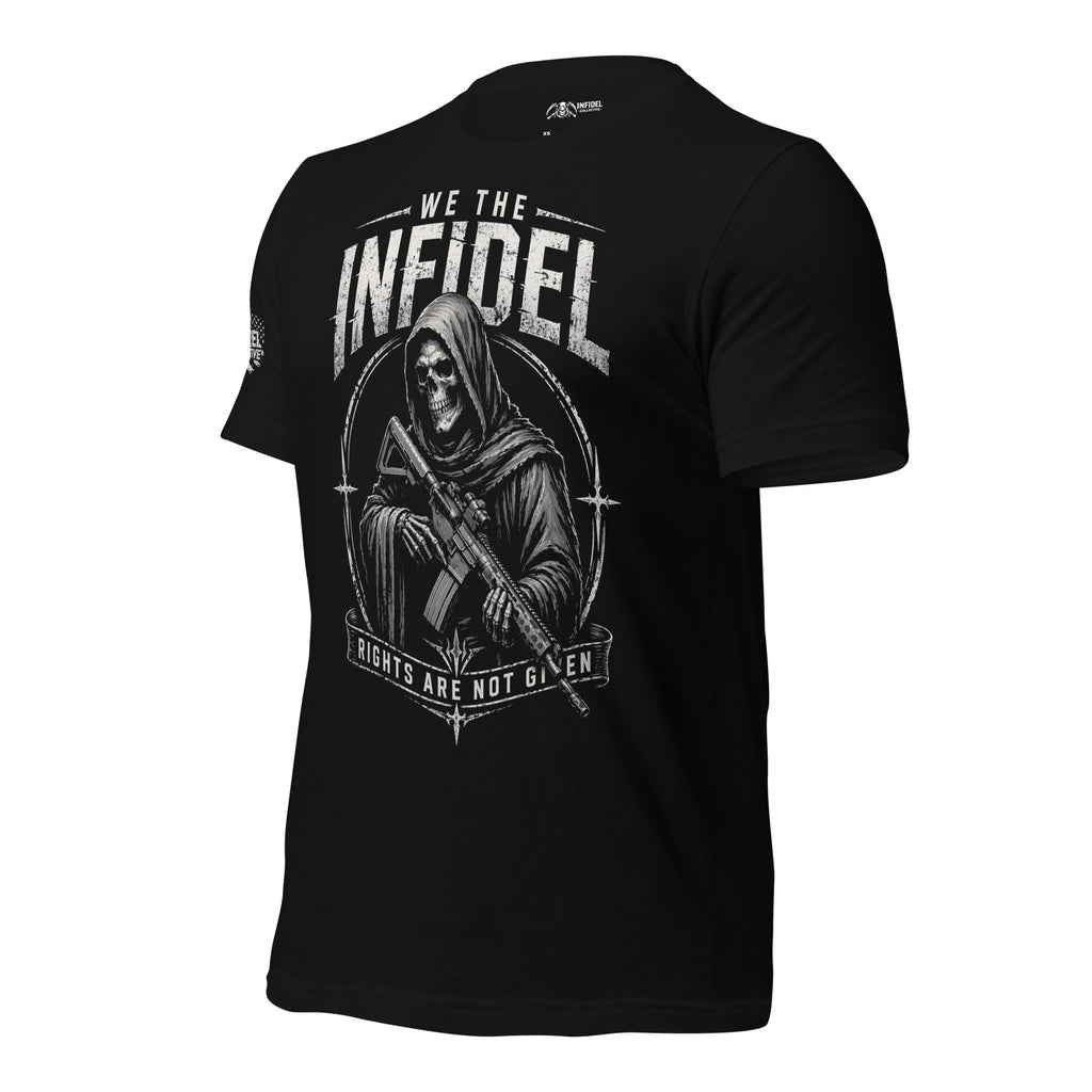 Black t-shirt with 'WE THE INFIDEL' text on a white background