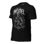 Black t-shirt with 'WE THE INFIDEL' text on a white background