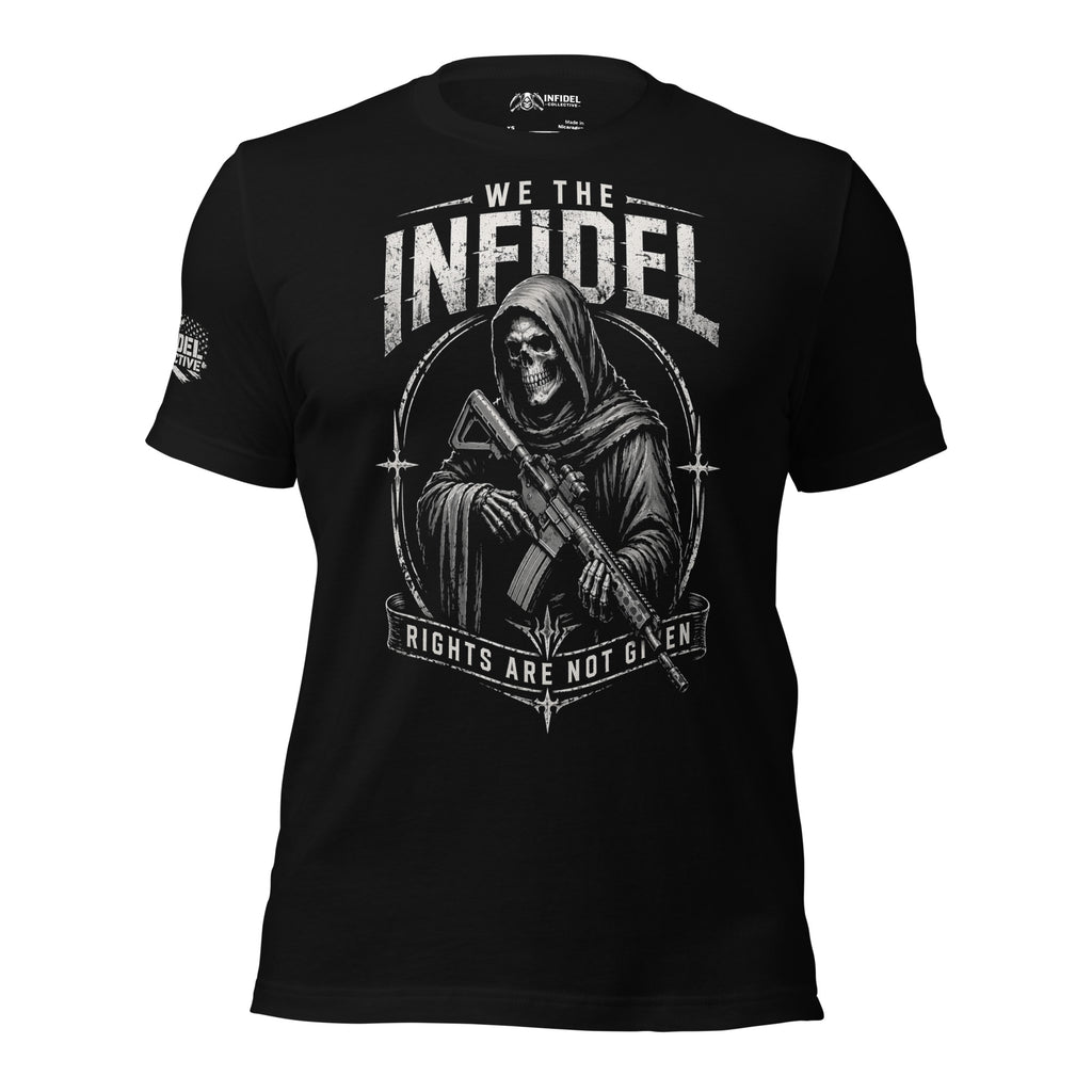 Black t-shirt with 'WE THE INFIDEL' printed in white on a white background