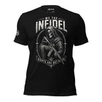 Black t-shirt with 'WE THE INFIDEL' printed in white on a white background
