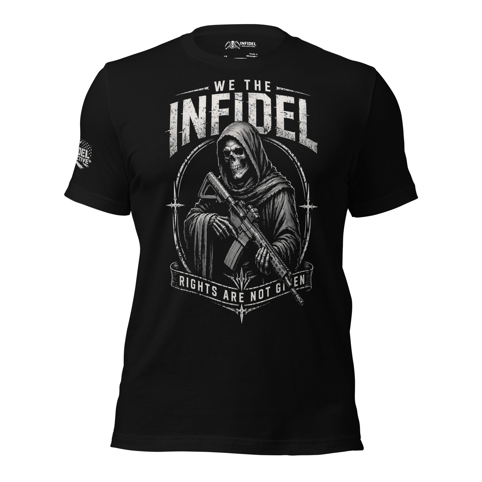 Black t-shirt with 'WE THE INFIDEL' printed in white on a white background