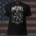hooded reaper holding a rifle with Rights Are Not Given text front print black tee from Infidel Collective