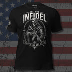 Black t-shirt with a graphic design featuring a skeleton holding a rifle and text 'We the Infidel' on an American flag background.