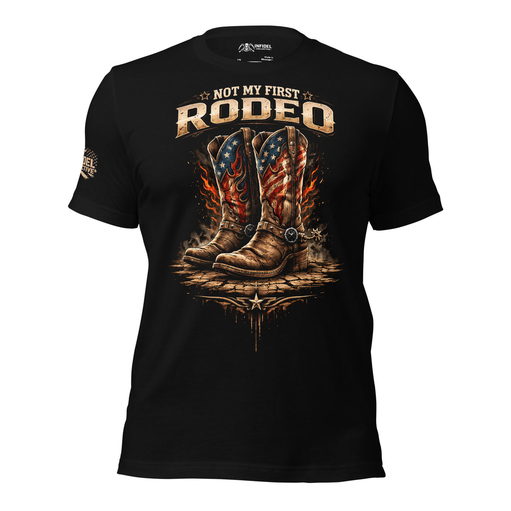 Black t-shirt with cowboy boots and 'Not My First Rodeo' text on a white background
