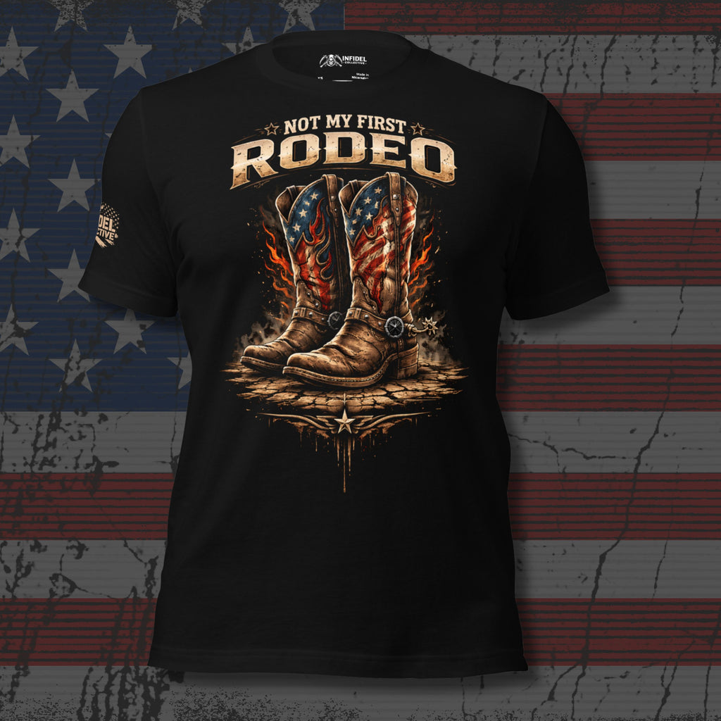 Black t-shirt with cowboy boots and American flag design against a distressed American flag background