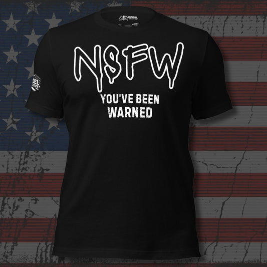 Black t-shirt with 'NSFW YOU'VE BEEN WARNED' text on an American flag background