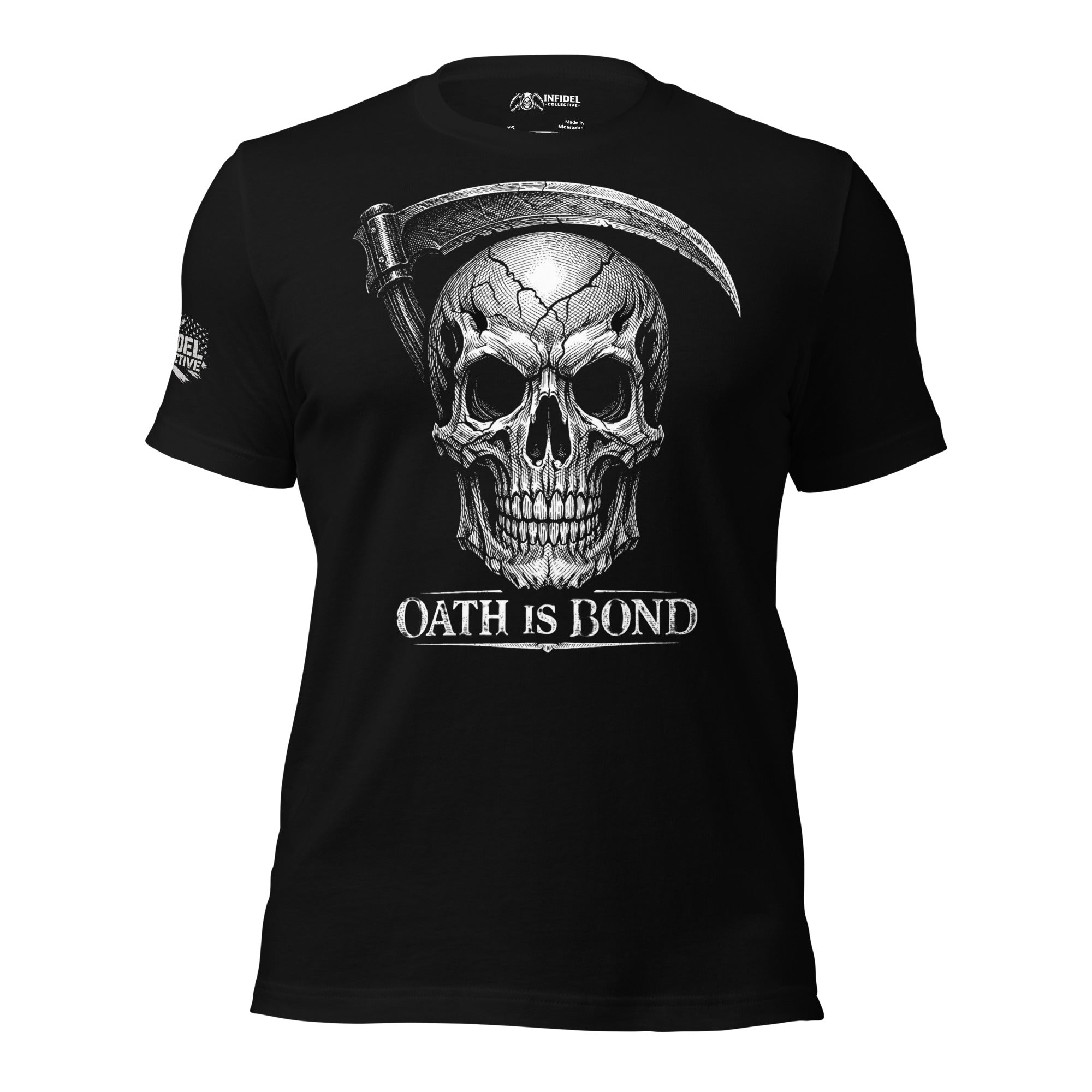 Black tee with Oath Is Bond front print featuring a skull with a reaper scythe above and distressed white artwork